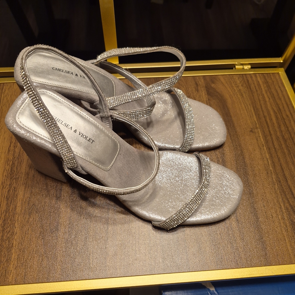 Chelsea & Violet Silver Glitter Block Heel Sandals